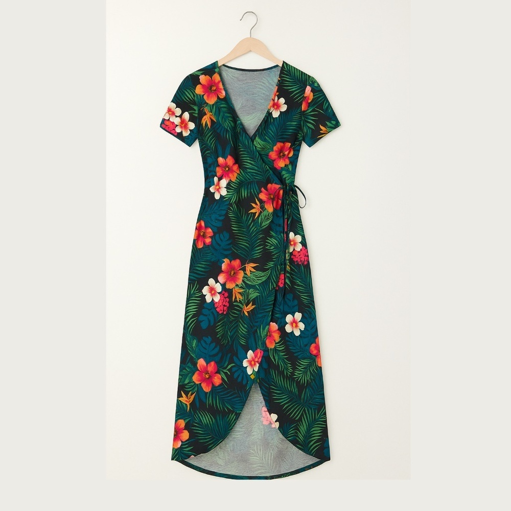 Popular Basics Tropical Faux-Wrap Maxi Dress – Size M